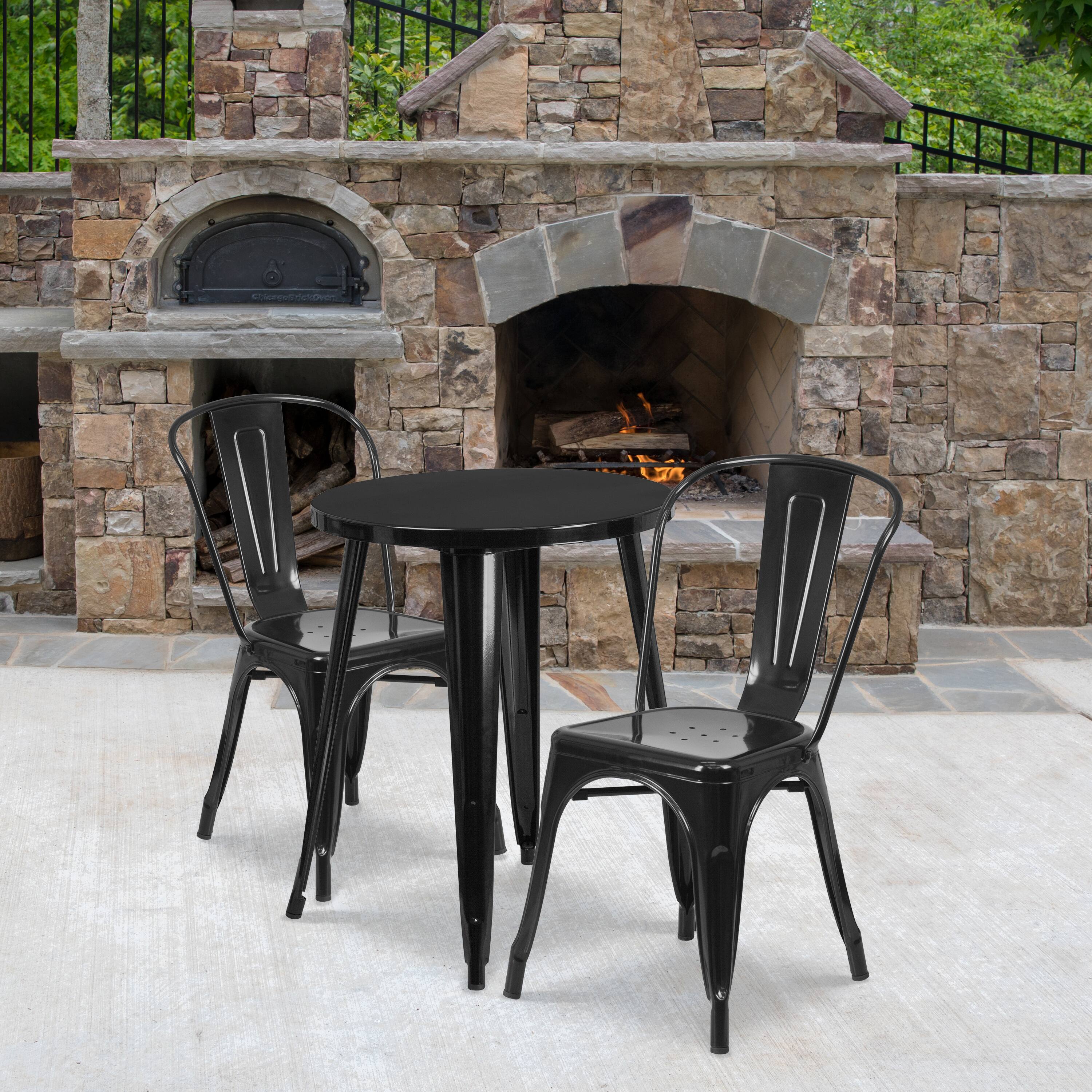 Front. Emma + Oliver - Commercial Grade 24" Round Metal Indoor-Outdoor Table Set with 2 Cafe Chairs - Black.
