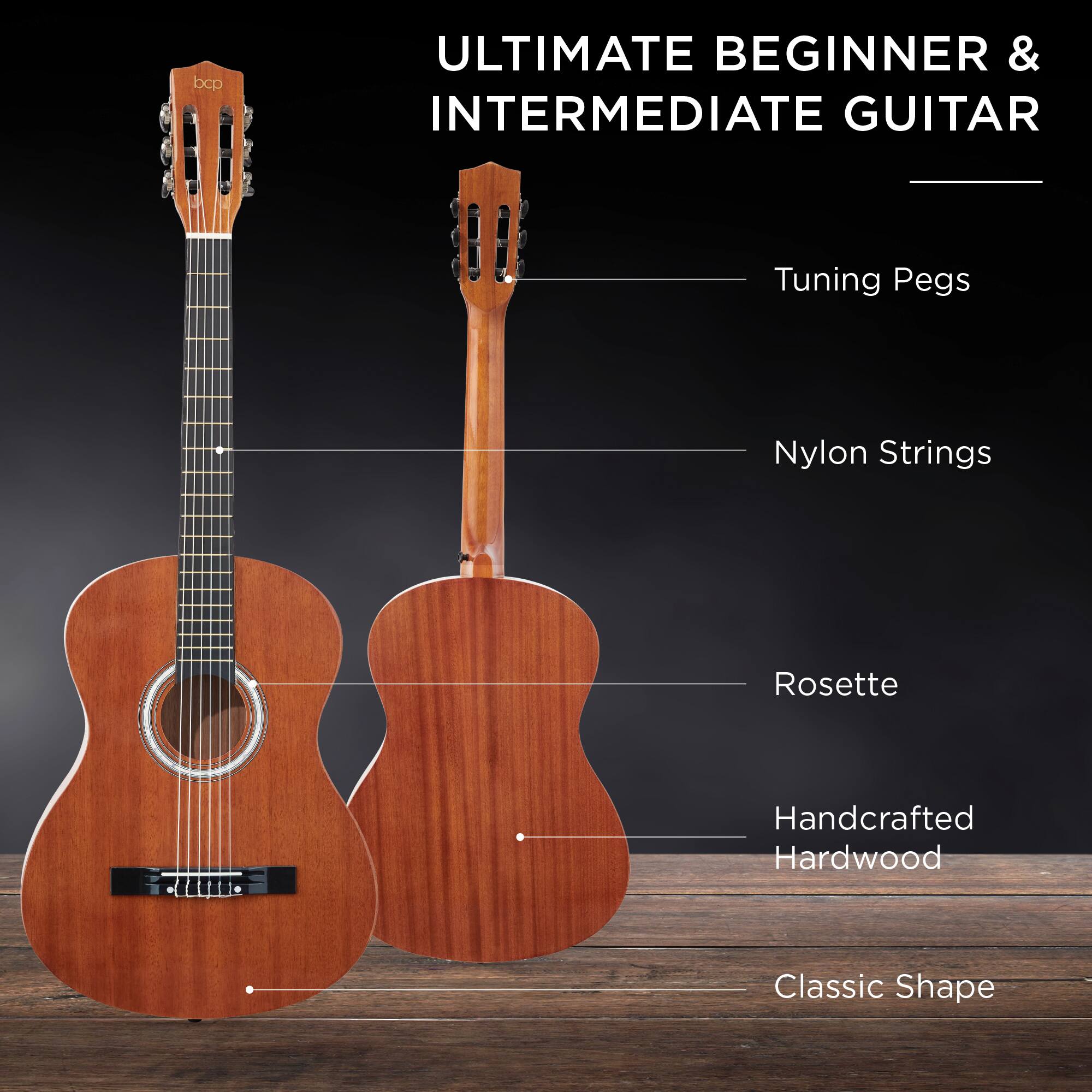 ULTIMATE BEGINNER & INTERMEDIATE GUITAR

- Tuning Pegs
- Nylon Strings
- Rosette
- Handcrafted Hardwood
- Classic Shape