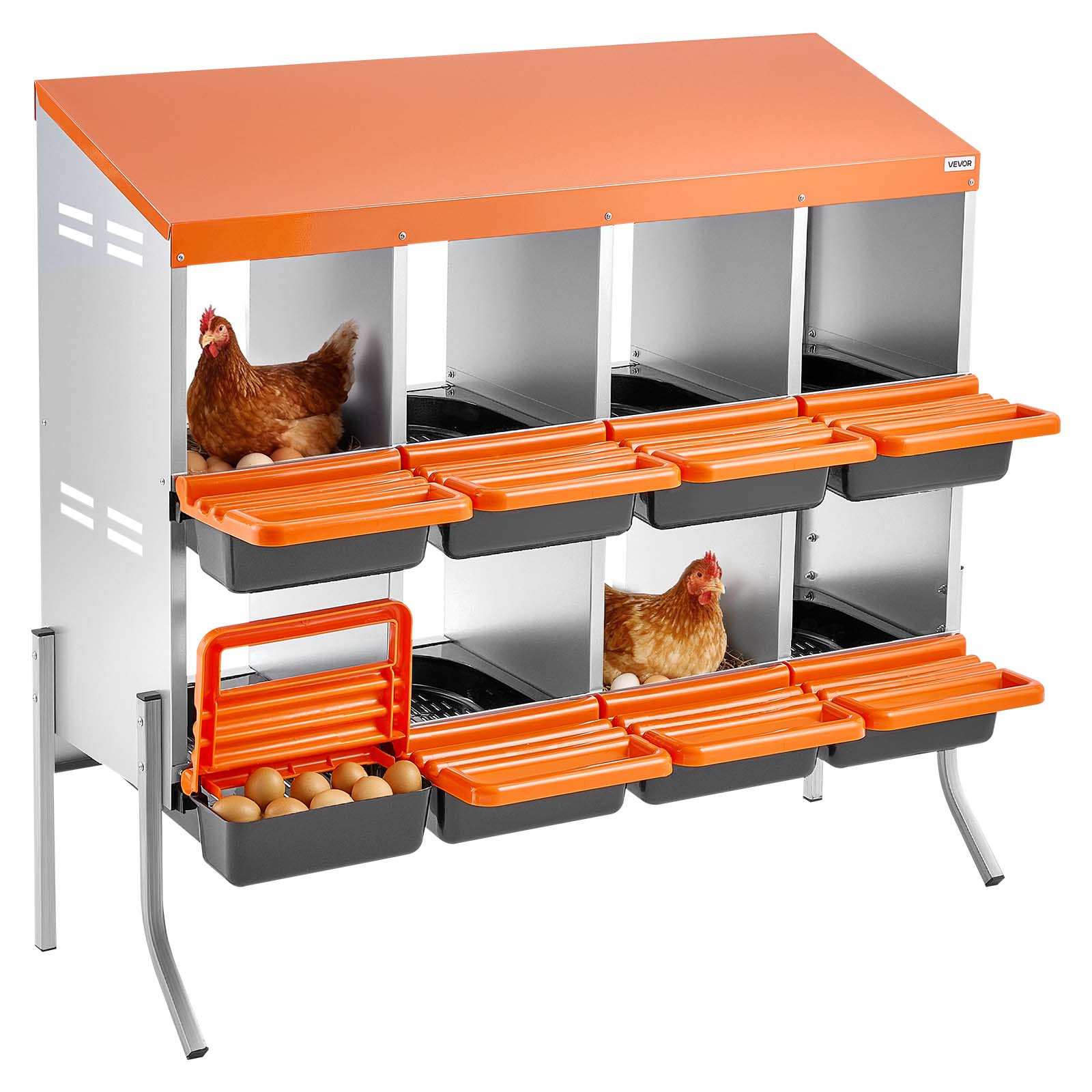 VEVOR - Chicken Nesting Boxes, 8 Compartments, with Support Legs,Easy Egg Collection, Galvanized Steel and High-Strength Plastic - Orange + black + silver