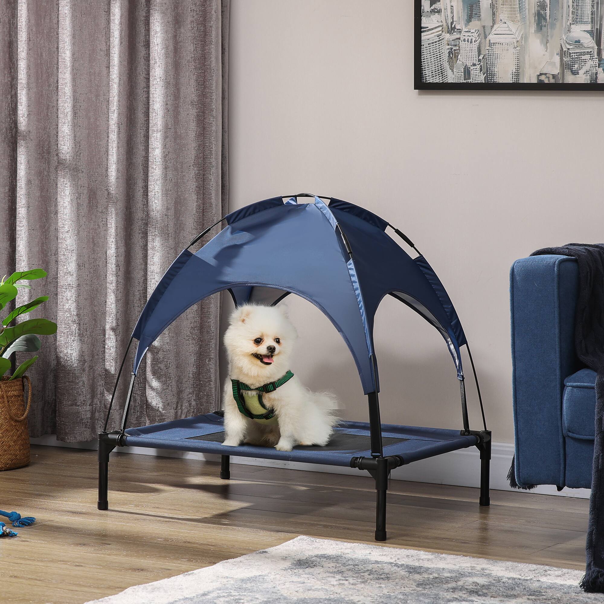 Alt View 1. Pawhut - Elevated Portable Dog Cot Pet Bed with UV Protection Canopy Shade, 30 inch - Blue.
