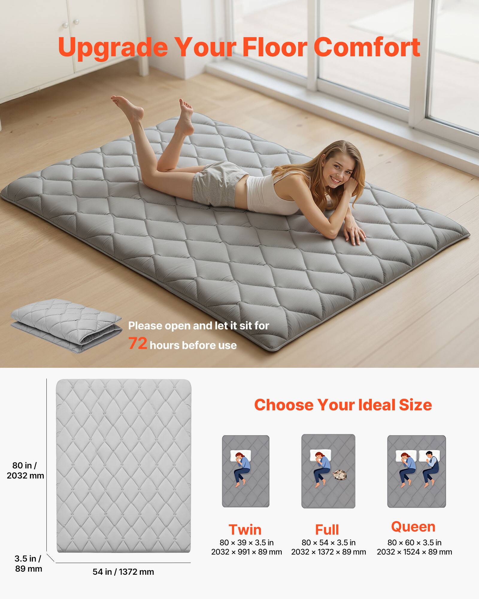 VEVOR - Japanese Tatami Mat, Full Size Foldable Japanese Tatami Mattress, Futon Mattress with Storage Bag & Fastener - Gray