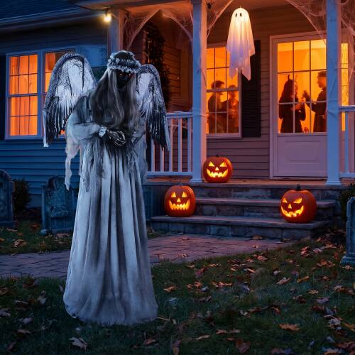 Alt View 6. Winado - 5.7FT Halloween Crying Angel with Lighted Eyes, Shaking Turning Head, Scary Sound for Indoor Outdoor Holiday Decoration - Light Gray.