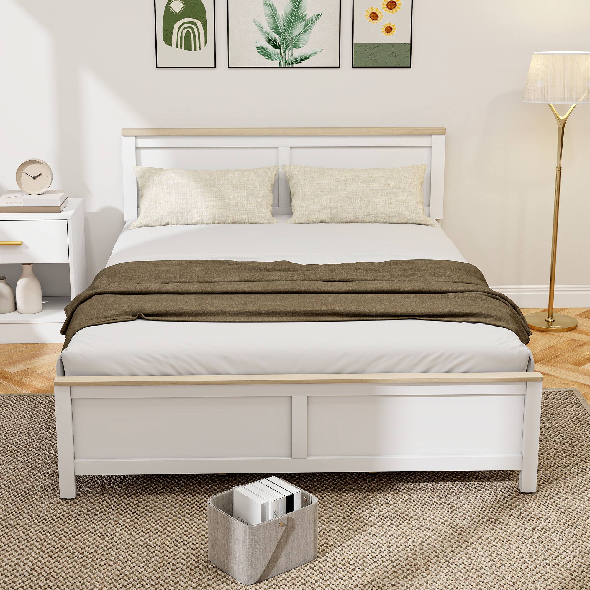 Alt View 1. Homcom - Bed Frame with Headboard, Modern Platform Bed Frame with Wooden Slats, No Box Spring Needed - White.
