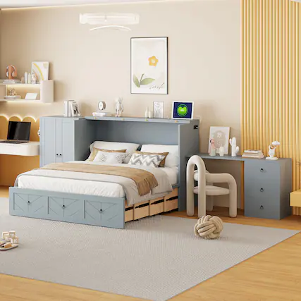 Front. Tiramisubest - Queen Size Murphy Bed with USB, Drawer, Wardrobe/Desk - Gray Wood+MDF Cabinet Bed - Gray.