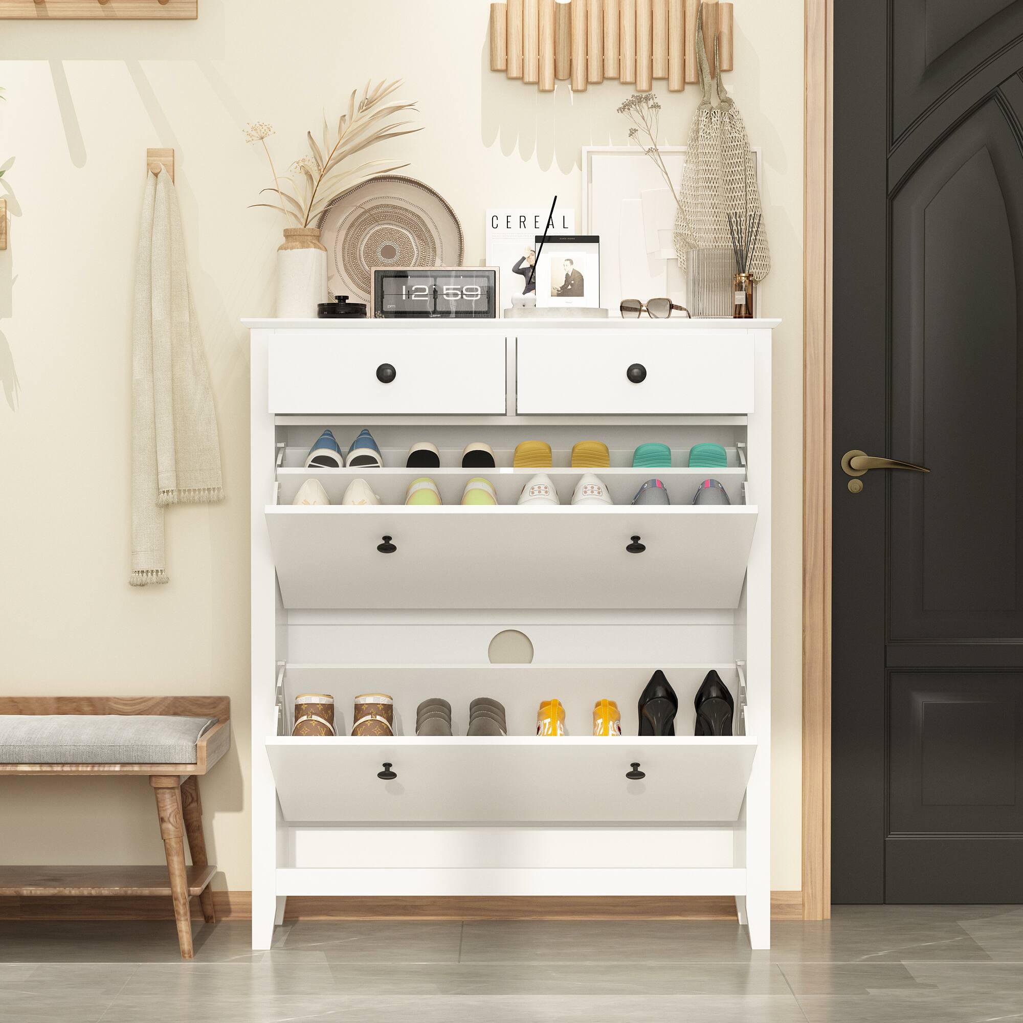 Back. FUFU & GAGA - Entryway Shoe Cabinet with Flip-Top Storage, Decorative Organizer, Multi-Compartment Shoe Rack for Home - White.