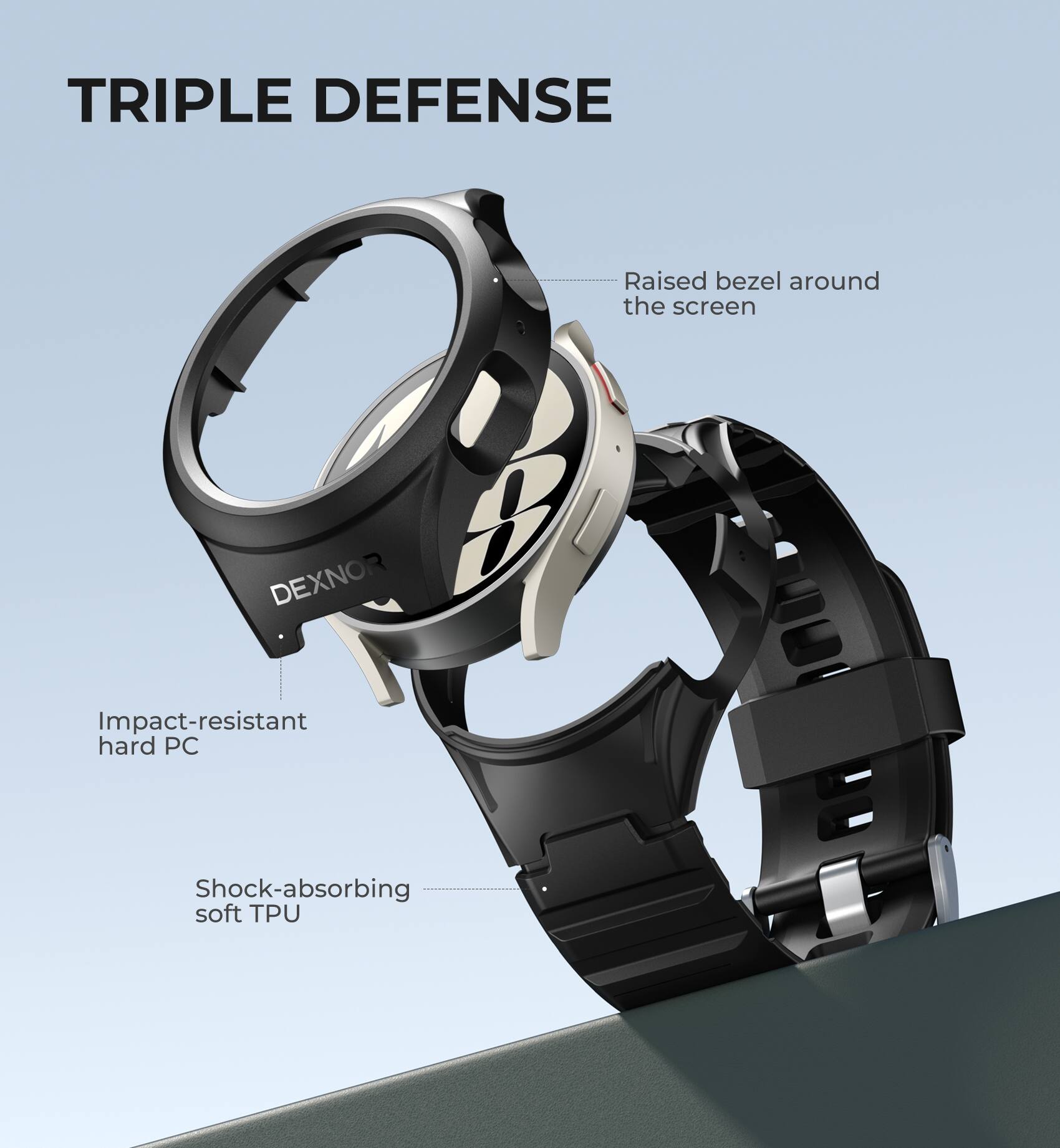 TRIPLE DEFENSE

- Raised bezel around the screen
- Impact-resistant hard PC
- Shock-absorbing soft TPU