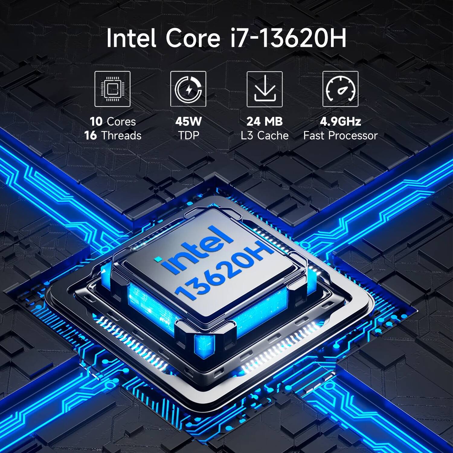 Intel Core i7-13620H  
10 Cores  
16 Threads  
45W TDP  
24 MB L3 Cache  
4.9GHz  
Fast Processor