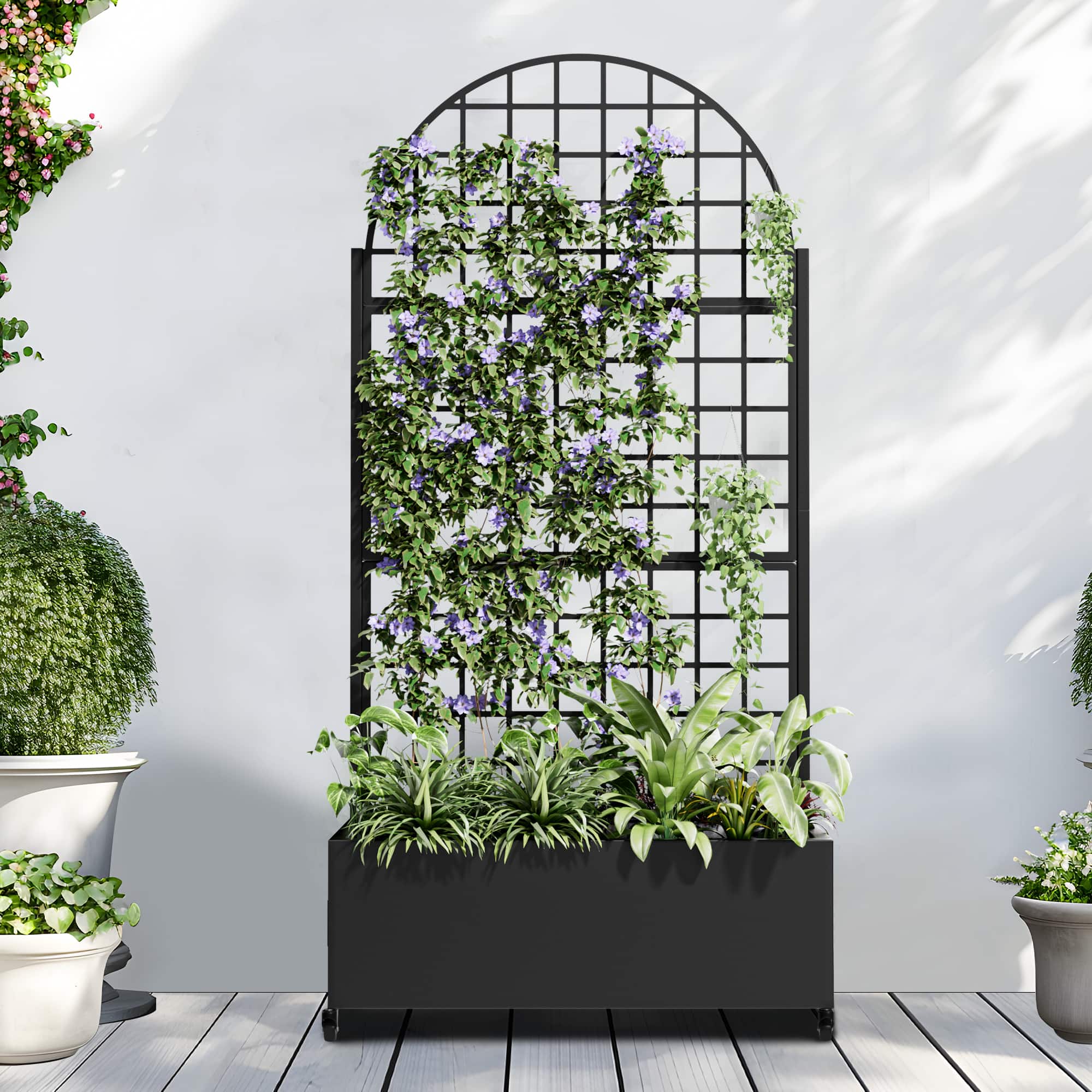 PexFix - 72 in. H x 35 in. W Squared Pattern Arch Metal Planter Box Raised Garden Beds with Trellis-Ideal for Balcony - Black