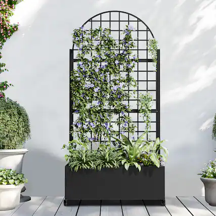 Front. PexFix - 72 in. H x 35 in. W Squared Pattern Arch Metal Planter Box Raised Garden Beds with Trellis-Ideal for Balcony - Black.