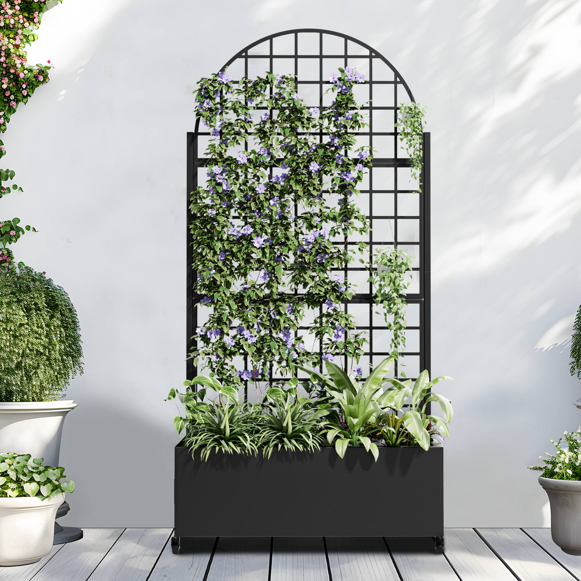 Front. PexFix - 72 in. H x 35 in. W Squared Pattern Arch Metal Planter Box Raised Garden Beds with Trellis-Ideal for Balcony - Black.