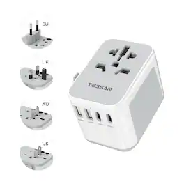 TESSAN - 21W Universal Travel Adapter with 2 USB A and 2 USB C Ports (Fast Charging ) - Grey white