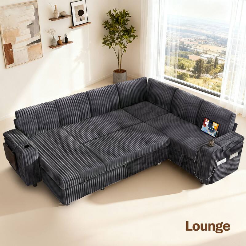 Left. Dyonery - 110" Modular Sectional Sofa with Pull Out Bed,Corduroy Fabric 7 Seat Sectional Sleeper Sofa with Storage,for Living Room - Gray.