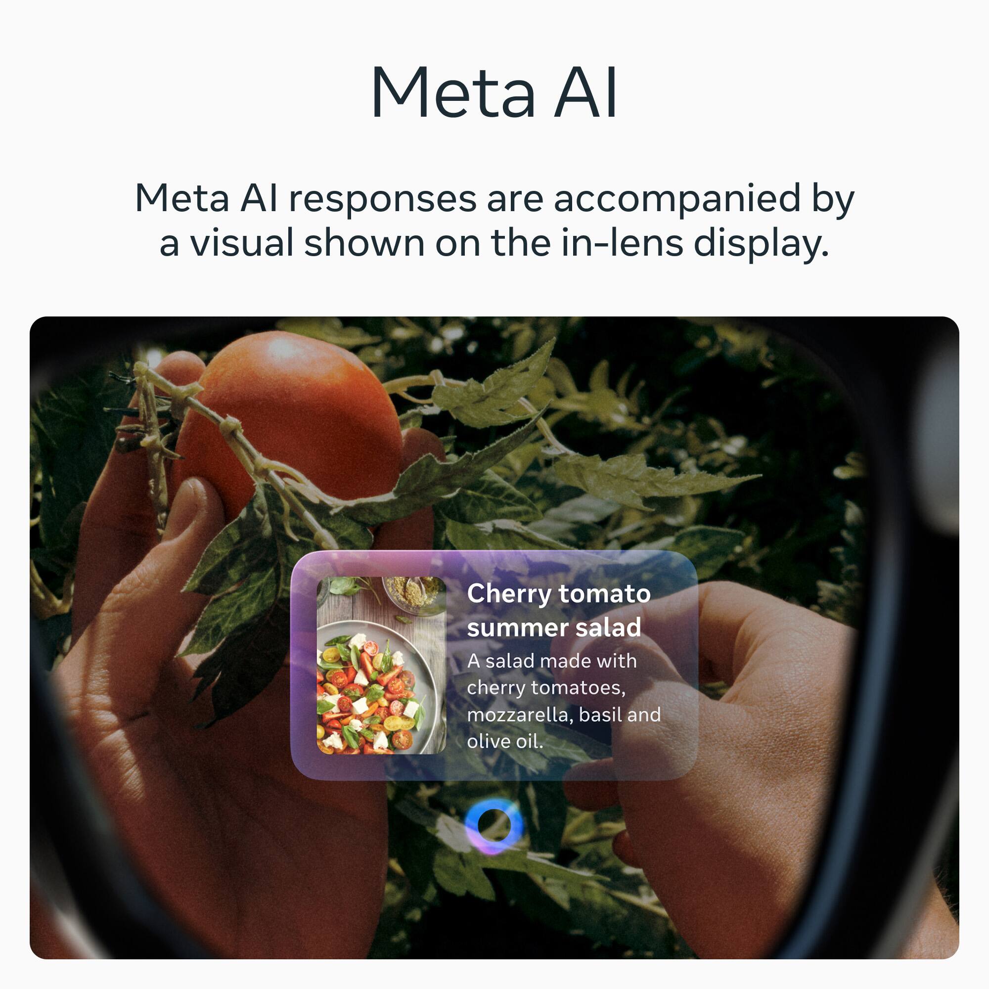 Meta AI  
Meta AI responses are accompanied by a visual shown on the in-lens display.

Cherry tomato summer salad  
A salad made with cherry tomatoes, mozzarella, basil and olive oil.