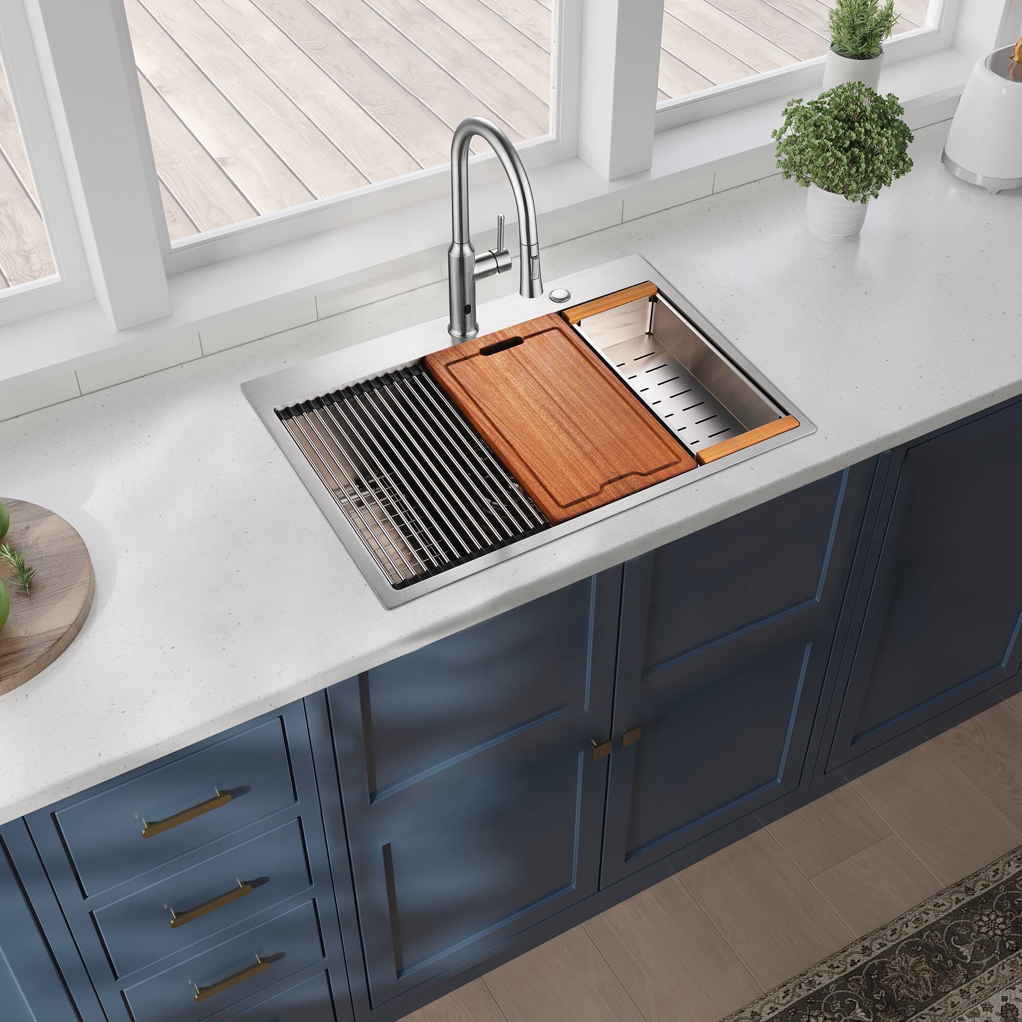 Left. ELEMENT ACE - 33" Drop-in Single Bowl Stainless Steel Kitchen Sink with Workstation - Brushed Nickel.