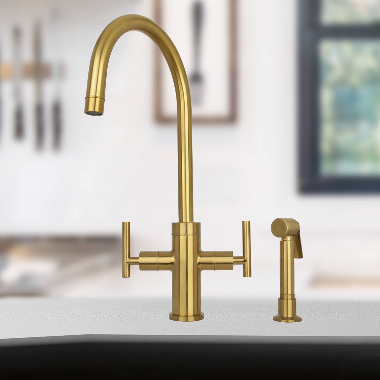Alt View 7. Akicon - Akicon Two-Handles 360° Swivel Widespread Kitchen Faucet with Side Sprayer in Brushed Gold - Brushed Gold.