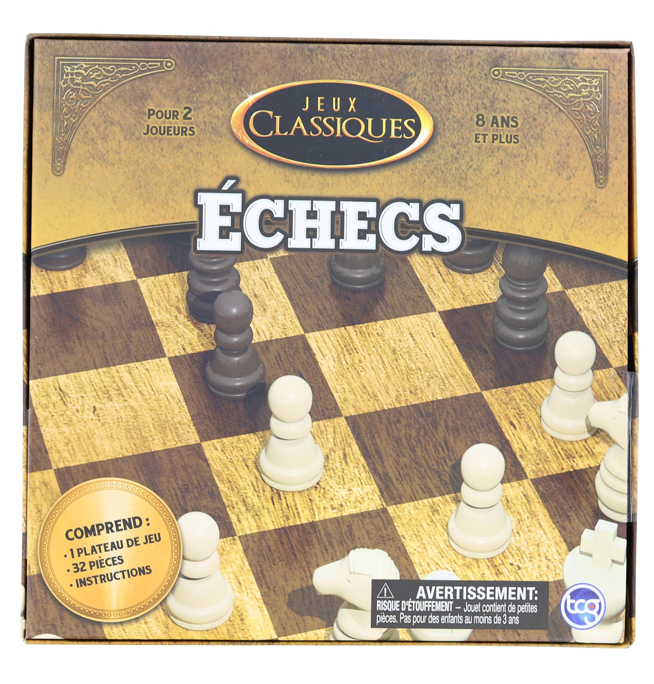 JEUX POUR 2 CLASSIQUES  
8 ANS ET PLUS  
ÉCHECS  

COMPREND :  
- 1 PLATEAU DE JEU  
- 32 PIÈCES  
- INSTRUCTIONS  

AVERTISSEMENT :  
RISQUE D'ÉTOUFFEMENT - JEU CONTIENT DE PETITES PIÈCES. PAS POUR DES ENFANTS AU MOINS DE 3 ANS