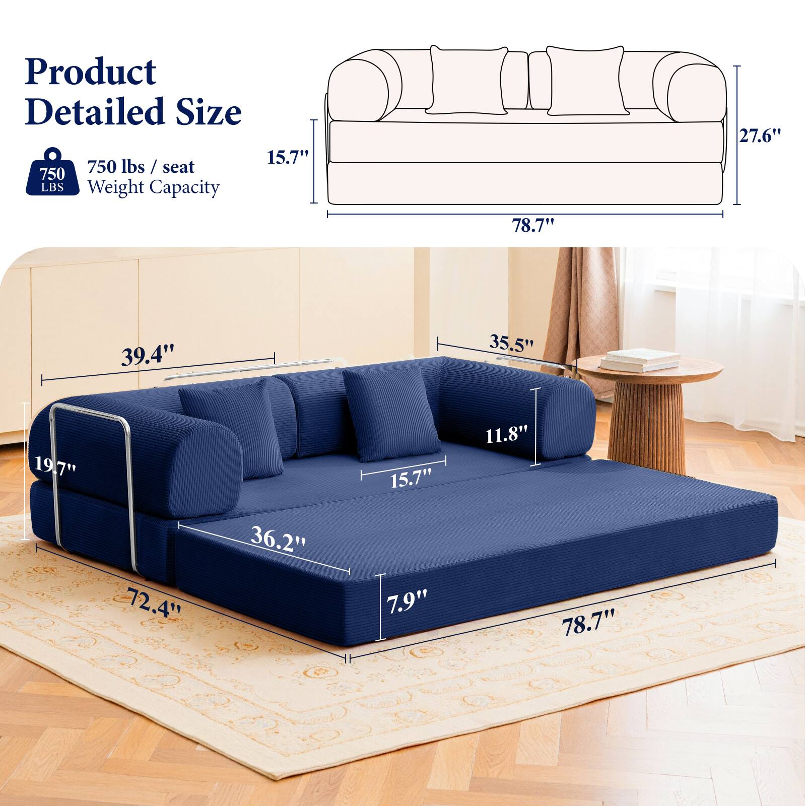 Product Detailed Size

750 lbs / seat  
Weight Capacity

15.7"  
27.6"  
78.7"  
39.4"  
35.5"  
19.7"  
15.7"  
11.8"  
72.4"  
36.2"  
7.9"  
78.7"