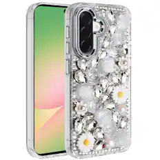 Front. Kitcheniva - Full 3D Floral Rhinestone Jewel Phone Case With Tempered Glass For Samsung Galaxy A57 5G White - White.