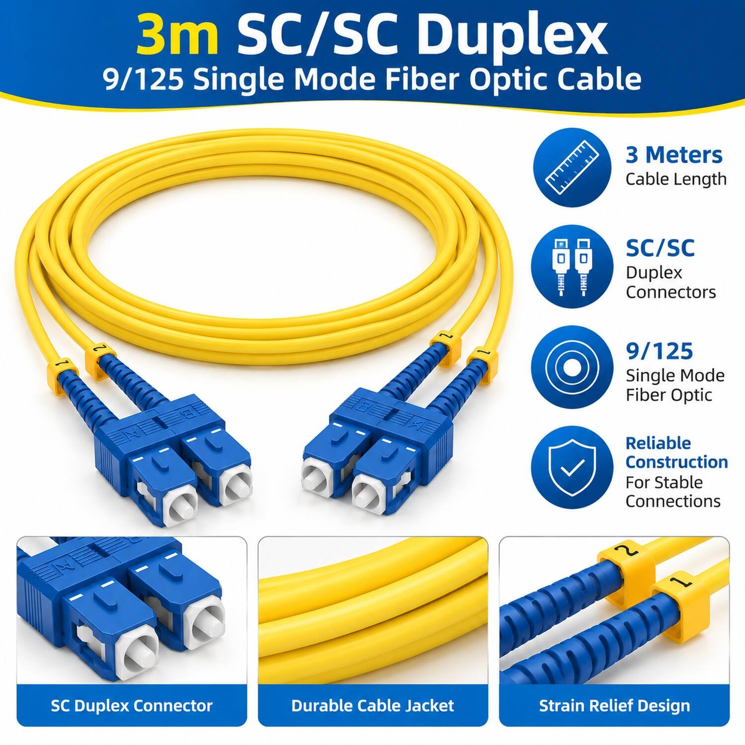 3m SC/SC Duplex 9/125 Single Mode Fiber Optic Cable

- 3 Meters Cable Length
- SC/SC Duplex Connectors
- 9/125 Single Mode Fiber Optic
- Reliable Construction For Stable Connections
- SC Duplex Connector
- Durable Cable Jacket
- Strain Relief Design