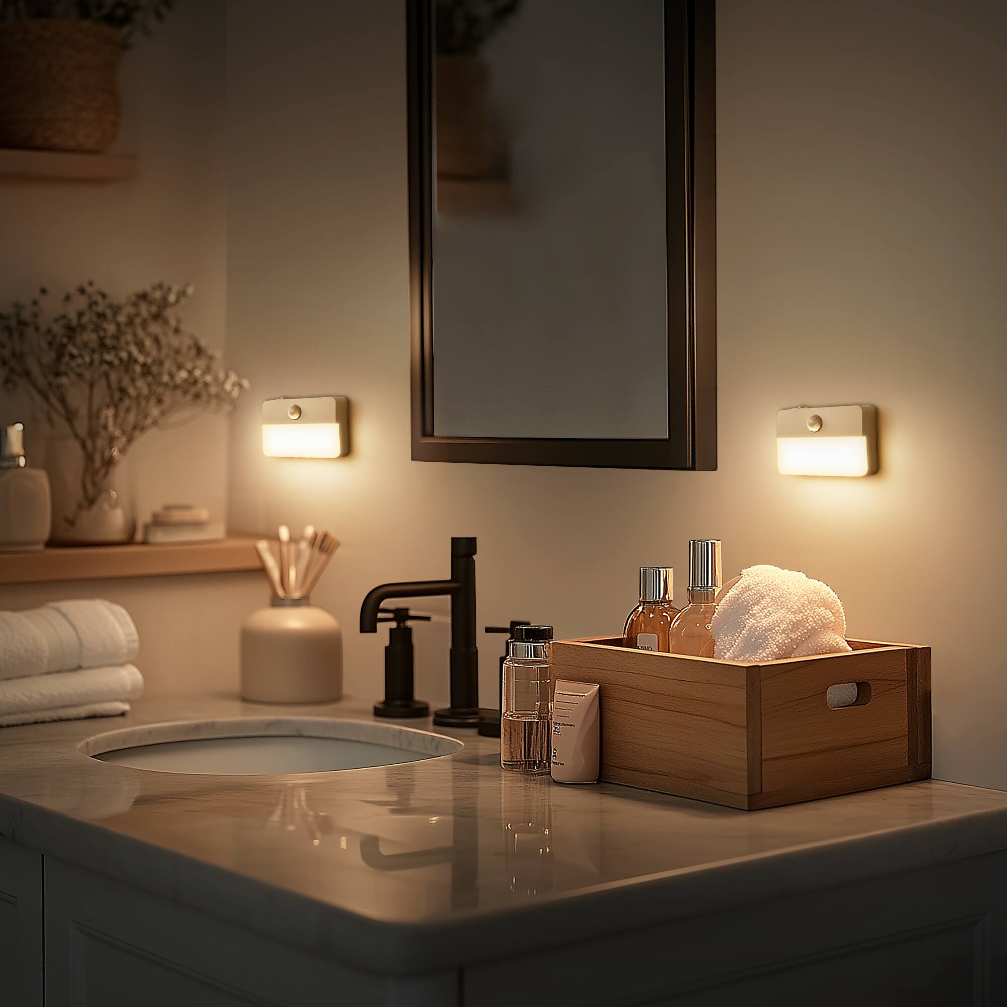 Left. Jandcase - JANDCASE 0.6W Battery Operated Motion Sensor Night Light, 3000K Warm Glow, Square Design, Magnetic Mount, ON/OFF/AUTO - White.