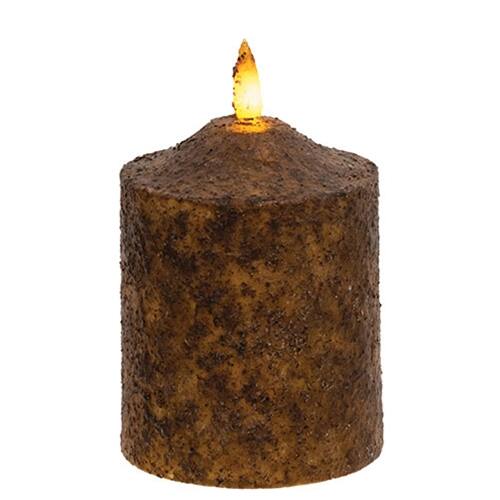Front. BreeBe - Burnt Mustard Flicker Flame Timer Cake Pillar - 4" - Mustard.