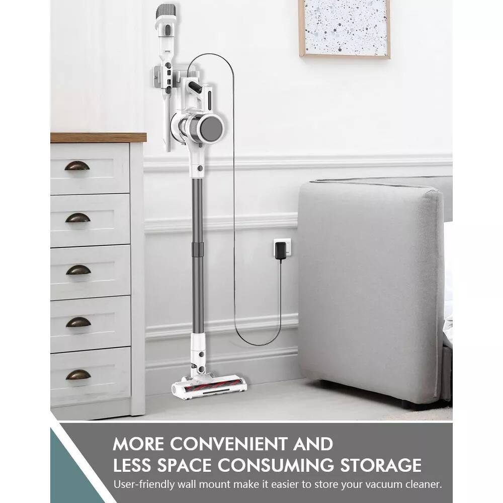 The corrected text is:

"More Convenient and Less Space Consuming Storage
User-friendly wall mount makes it easier to store your vacuum cleaner."