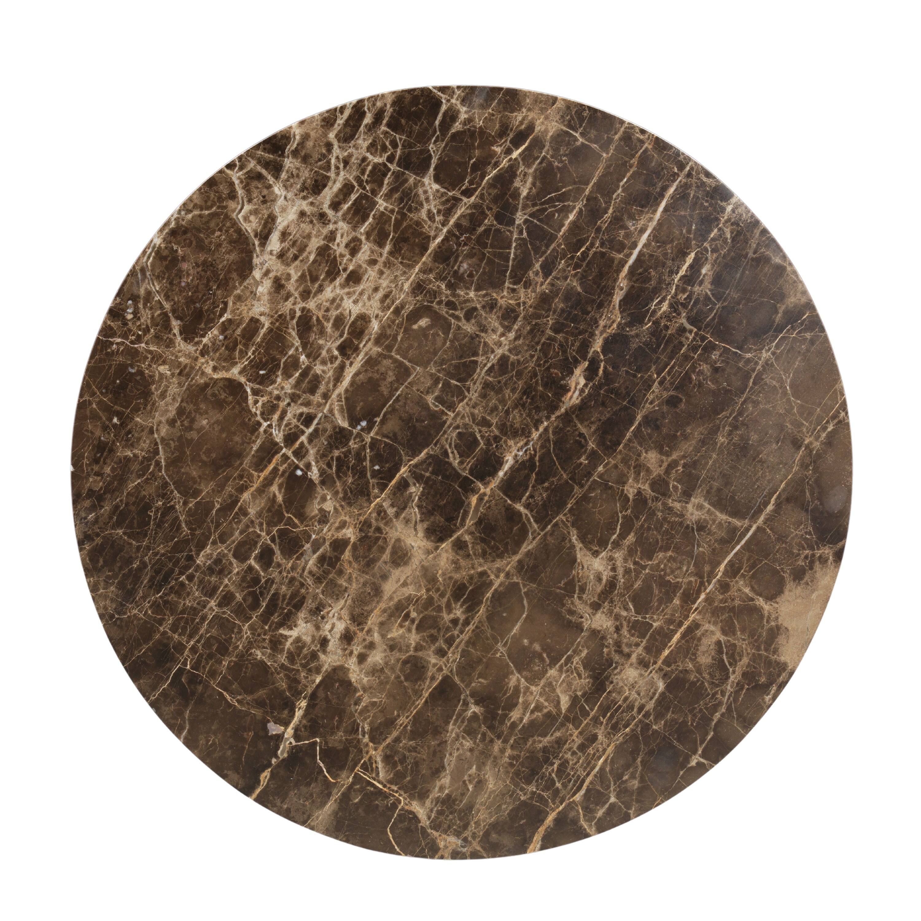 Left. Manhattan Lane - Zena 36 Inch Round Coffee Table, Spanish Emperador Marble Top, Brown Mango Wood Cross Legs - Brown, Yellow.
