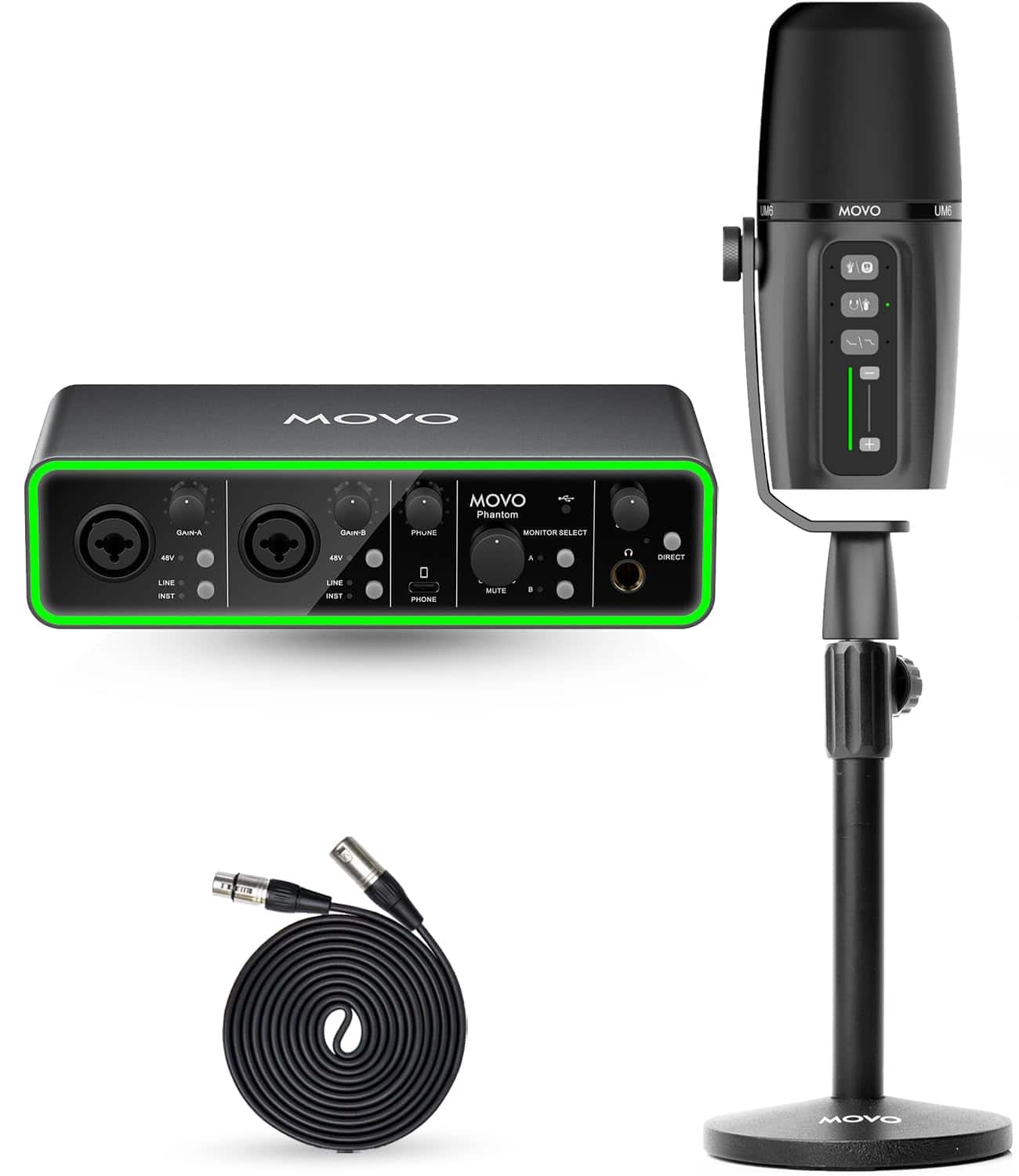 MOVO - Music/Audio Interface Bundle -with USB Interface, UM6 Dynamic Microphone, and Tabletop Stand