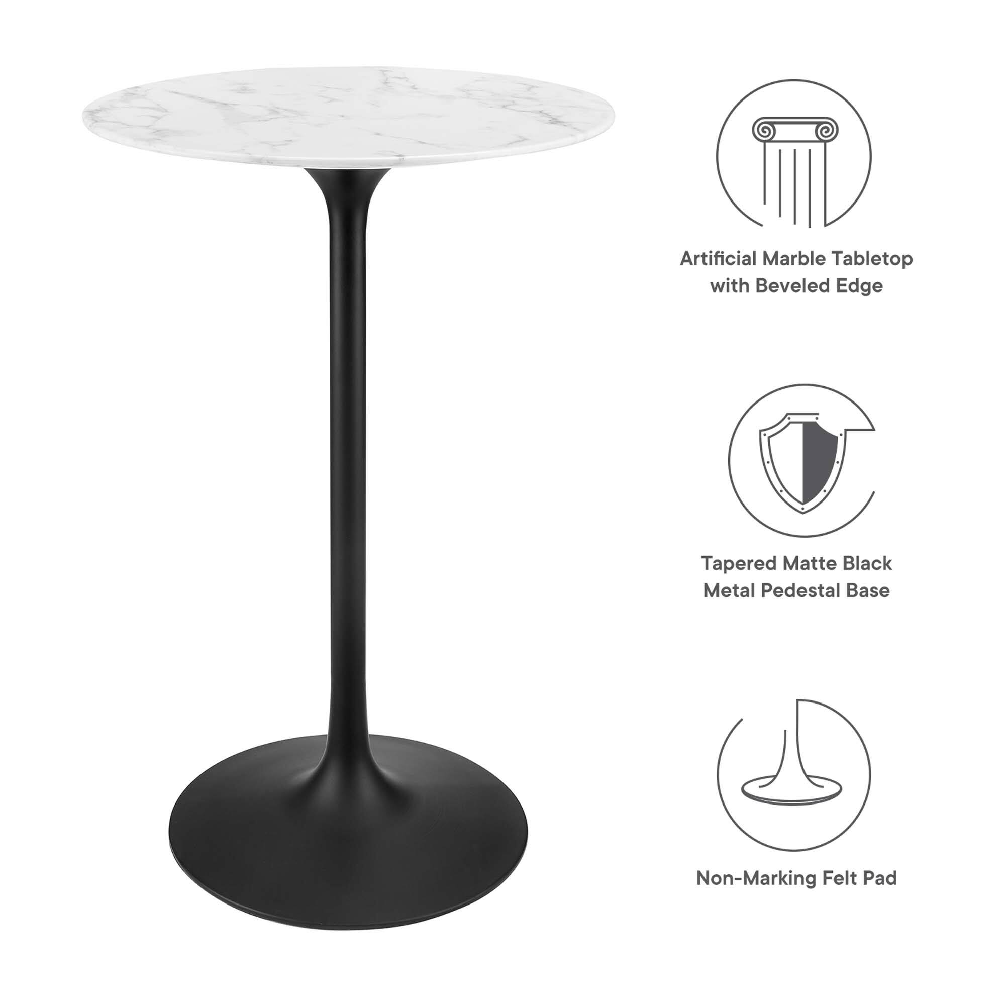 Artificial Marble Tabletop with Beveled Edge  
Tapered Matte Black Metal Pedestal Base  
Non-Marking Felt Pad