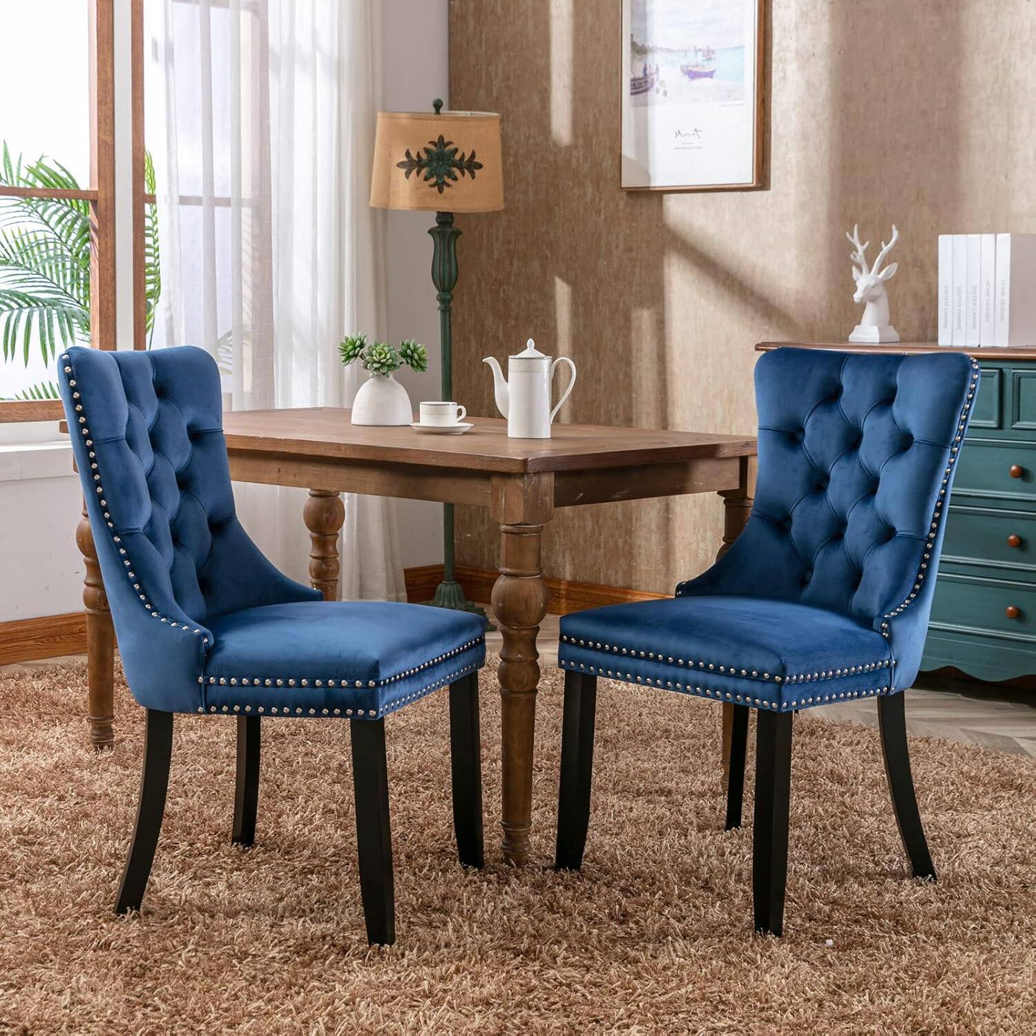 Trinkets Crazed - Velvet Dining Chairs Set of 2, Upholstered High-end Tufted Dining Room Chair with Wood Legs Nailhead Trim for Kitchen - Blue