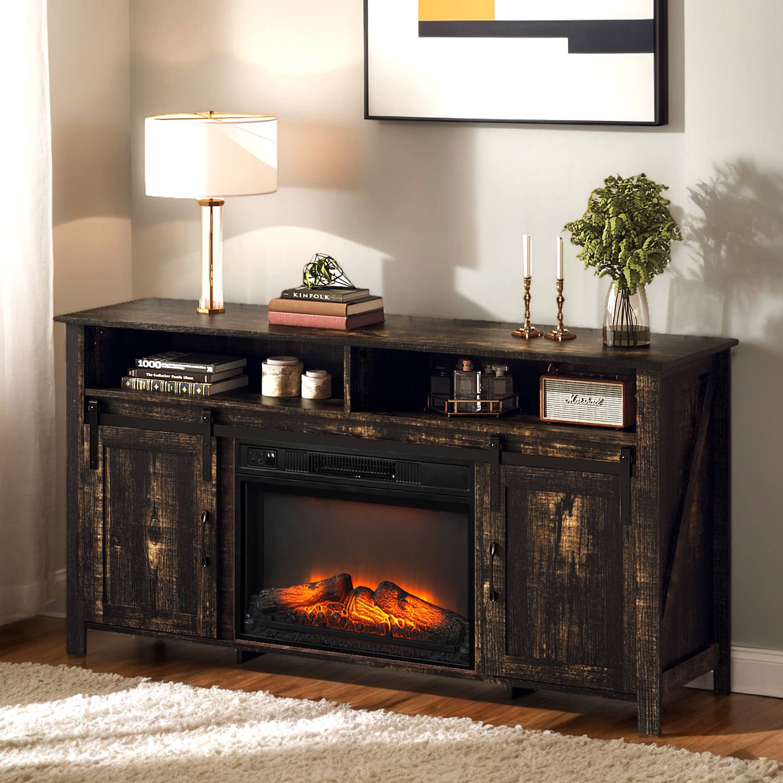 Chateau Abodes - 58" Fireplace TV Stand with 23" Insert, Brown Barn Door Top & Sliding Track - Black Gold Oak