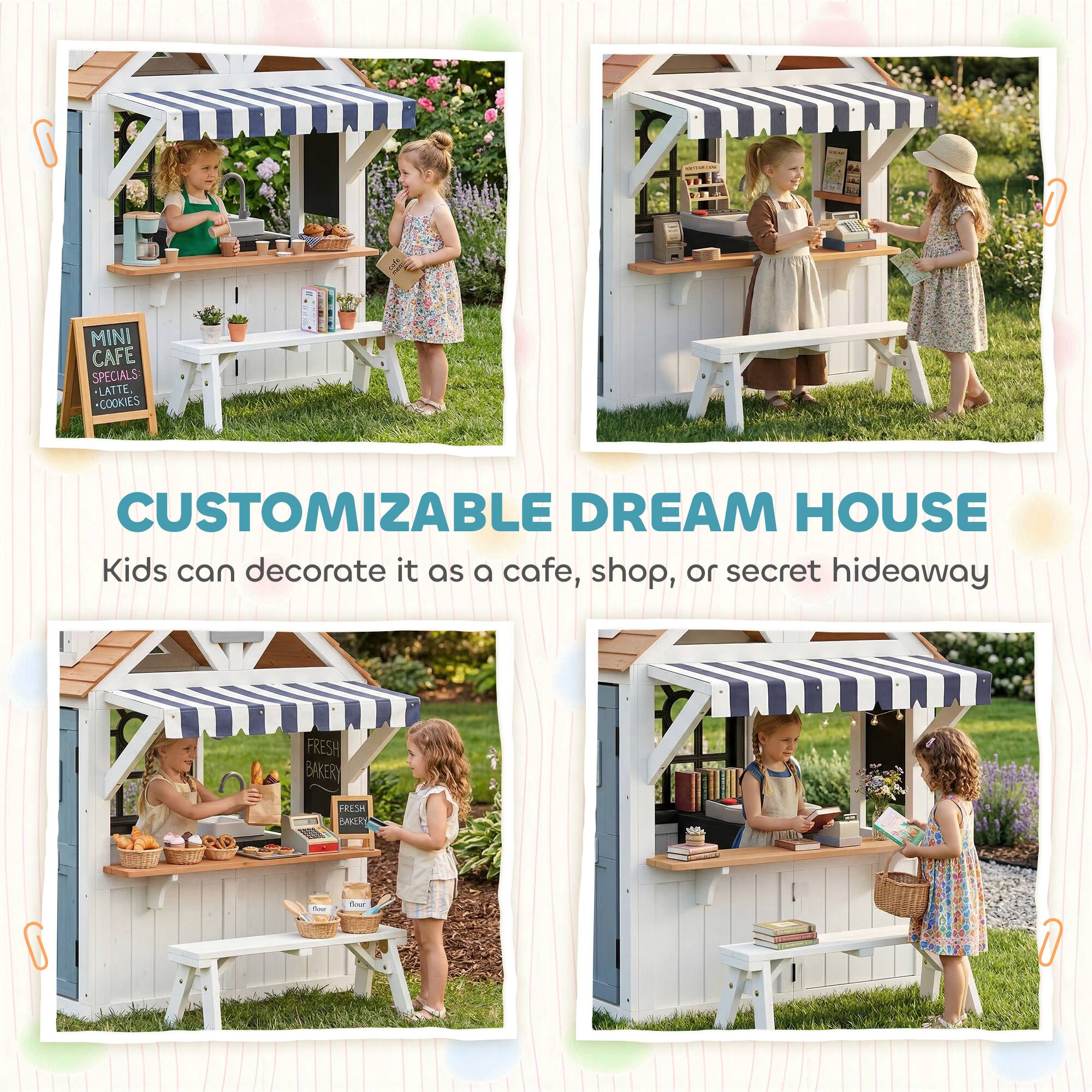 MINI CAFE SPECIALS  
LATTE * COOKIES  

CUSTOMIZABLE DREAM HOUSE  
Kids can decorate it as a cafe, shop, or secret hideaway  

FRESH BAKERY  

Kids can decorate it as a cafe, shop, or secret hideaway