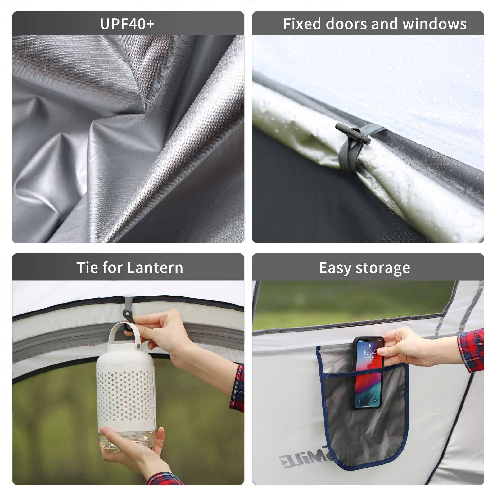 UPF40+  
Fixed doors and windows  
Tie for Lantern  
Easy storage