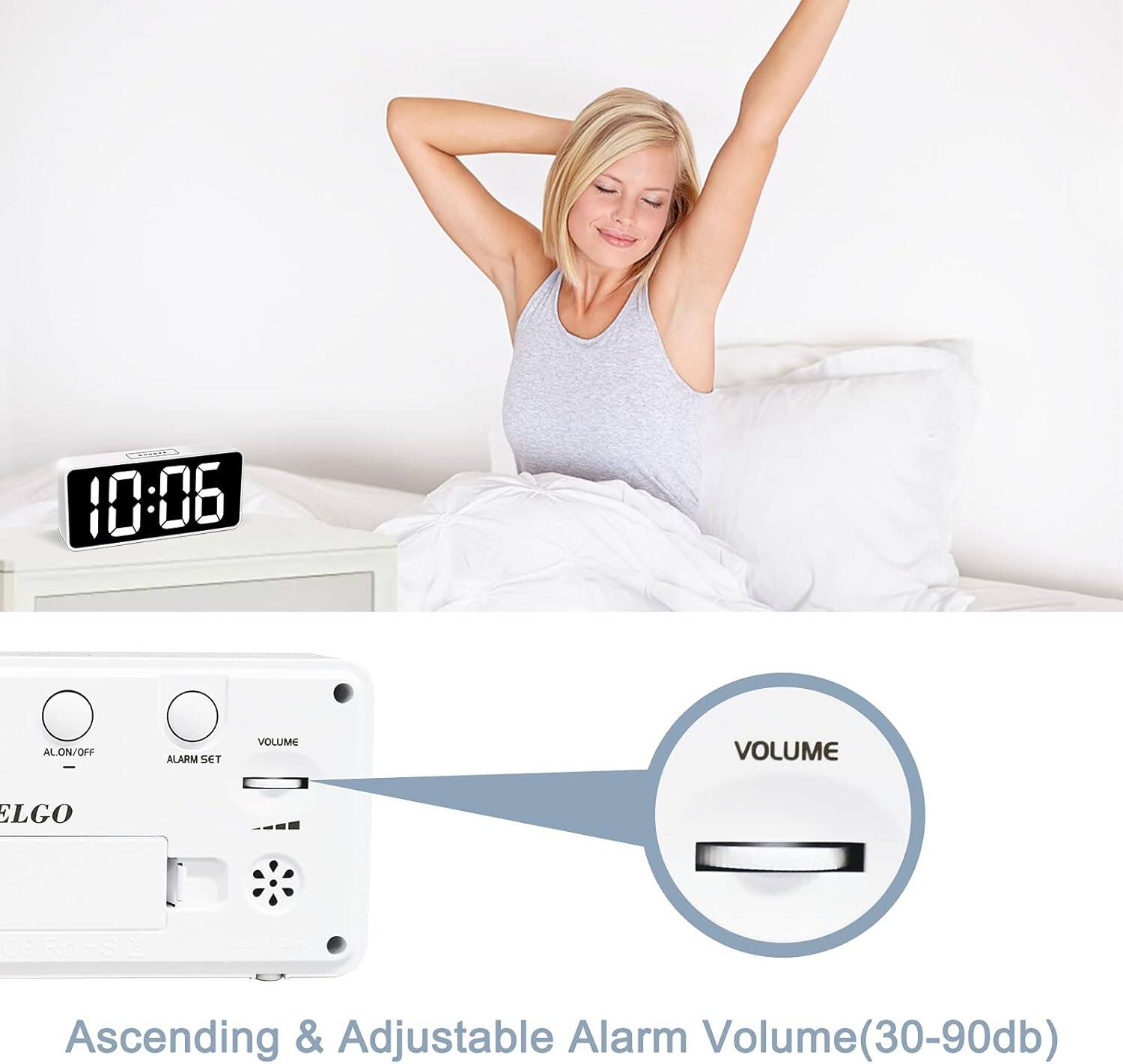 aU 10:06 AL AL ON/OFF ALARM SET VOLUME VOLUME ELGO de Ascending & Adjustable Alarm Volume(30-90db)