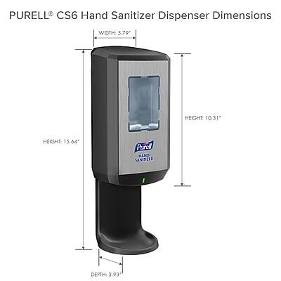 PURELL® CS6 Hand Sanitizer Dispenser Dimensions

WIDTH: 5.79"  
HEIGHT: 10.31"  
DEPTH: 3.93"  
HEIGHT: 15.64"