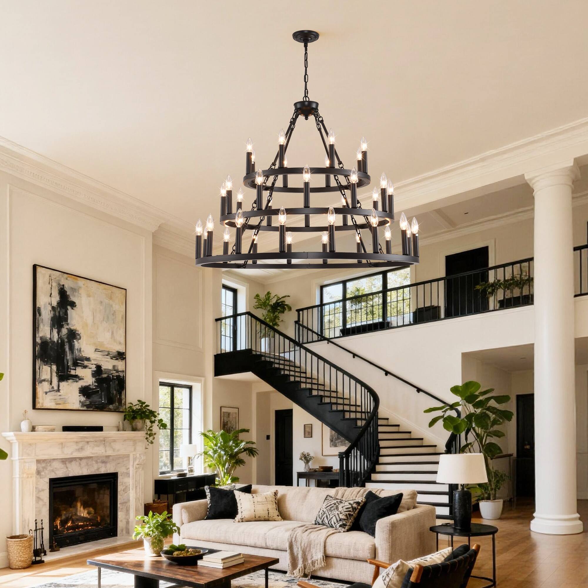 Alt View 1. Boyel Living - 39.37 Inch 3 Tiers Wagon Wheel Chandelier Farmhouse 36 Light 8 12 16 Black Metal Chandeliers.