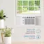 The image features a small air conditioner mounted on a wall, with a window in the background. The air conditioner is connected to a power source, and the plug type is NEMA 5-15P. The cable length is 6.5 feet, and it is a standard 115V/15A plug.