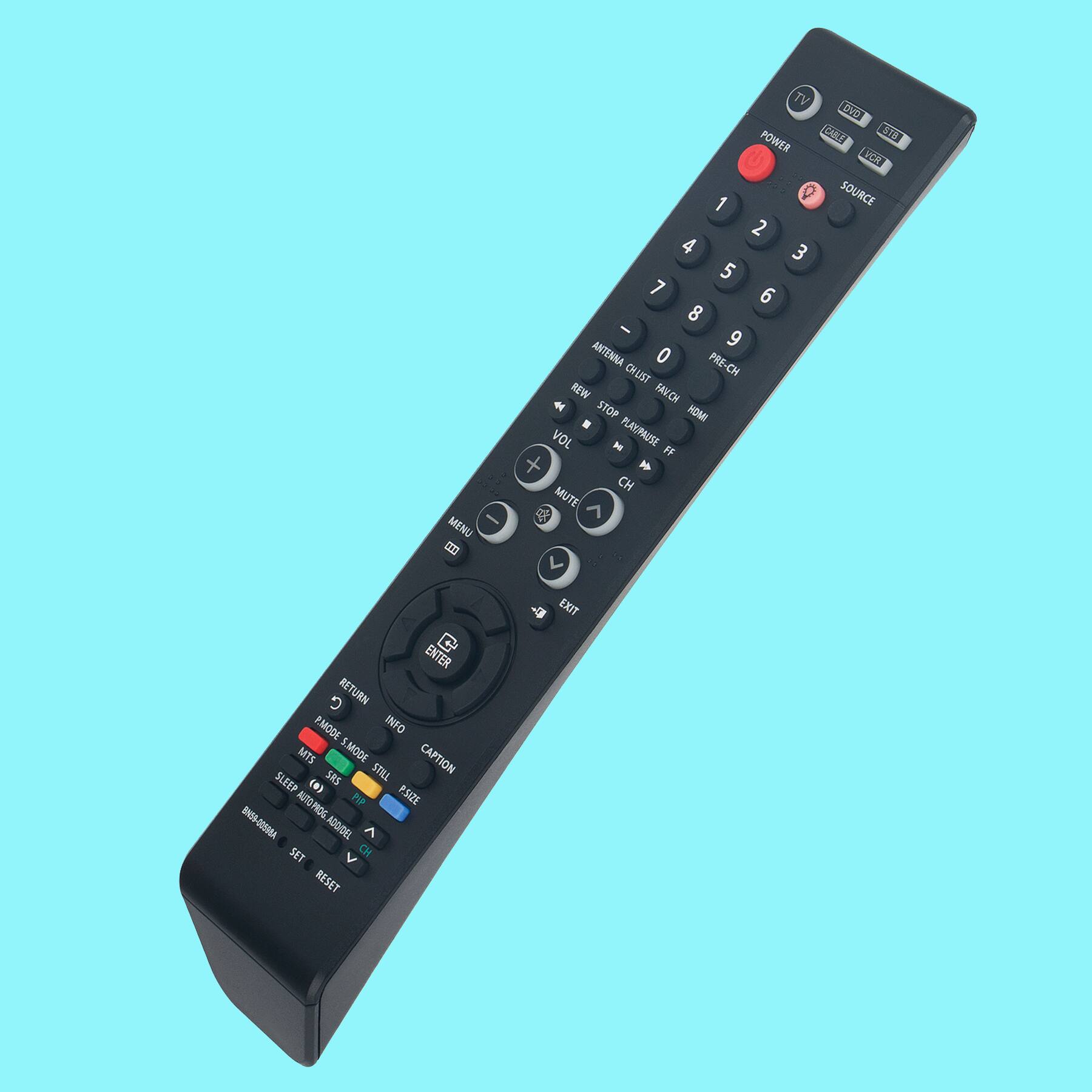 MENU TV DVD POWER SNET STO VCA 1 SOURCE 2 4 3 5 7 6 8 - 9 ANTENNA 0 PRE-CHLIST CH REW PANLCH STOP HOMI VOL PLAYPAUSE FF CH MUTE ENTER RETURN EMODE INFO MTS S.MODE CAPTION SLEEP SRS STILL (0) U PROG PIP PSIZE 8N0-009064 AUTO/PROG.ADC/DEL ADOUDEL SET RESET EL EXIT