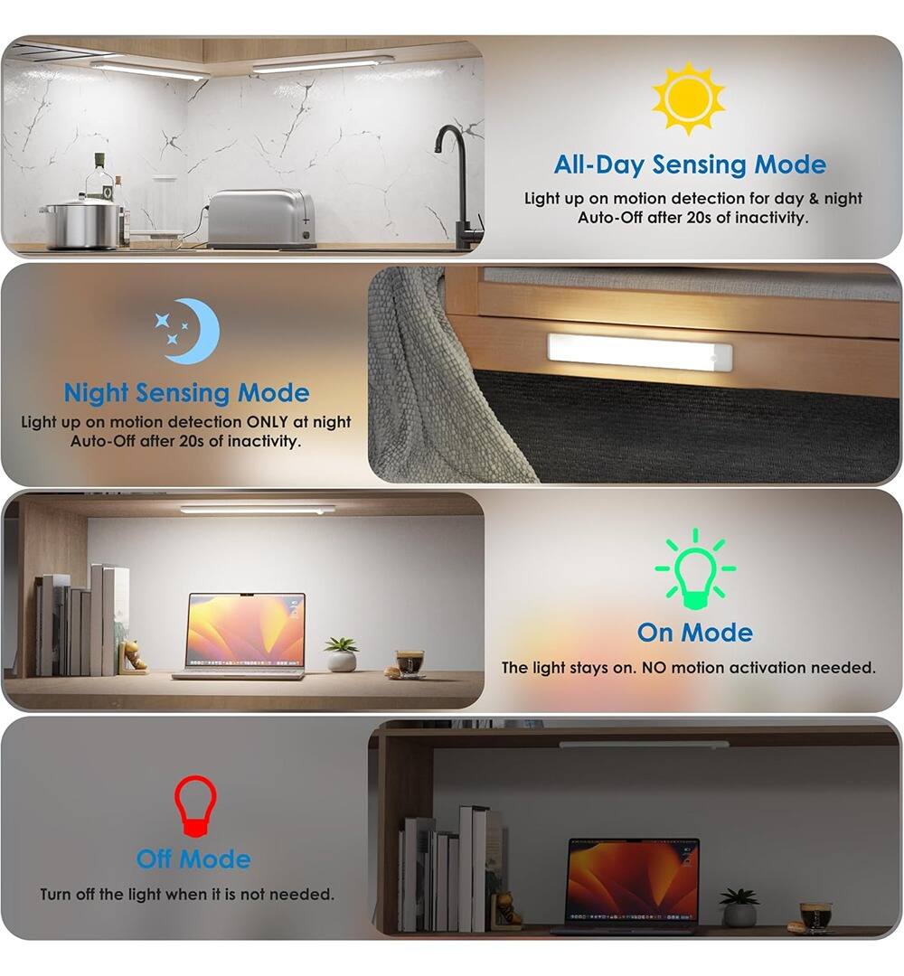 - **All-Day Sensing Mode**  
  Light up on motion detection for day & night. Auto-Off after 20s of inactivity.

- **Night Sensing Mode**  
  Light up on motion detection ONLY at night. Auto-Off after 20s of inactivity.

- **On Mode**  
  The light stays on. NO motion activation needed.

- **Off Mode**  
  Turn off the light when it is not needed.