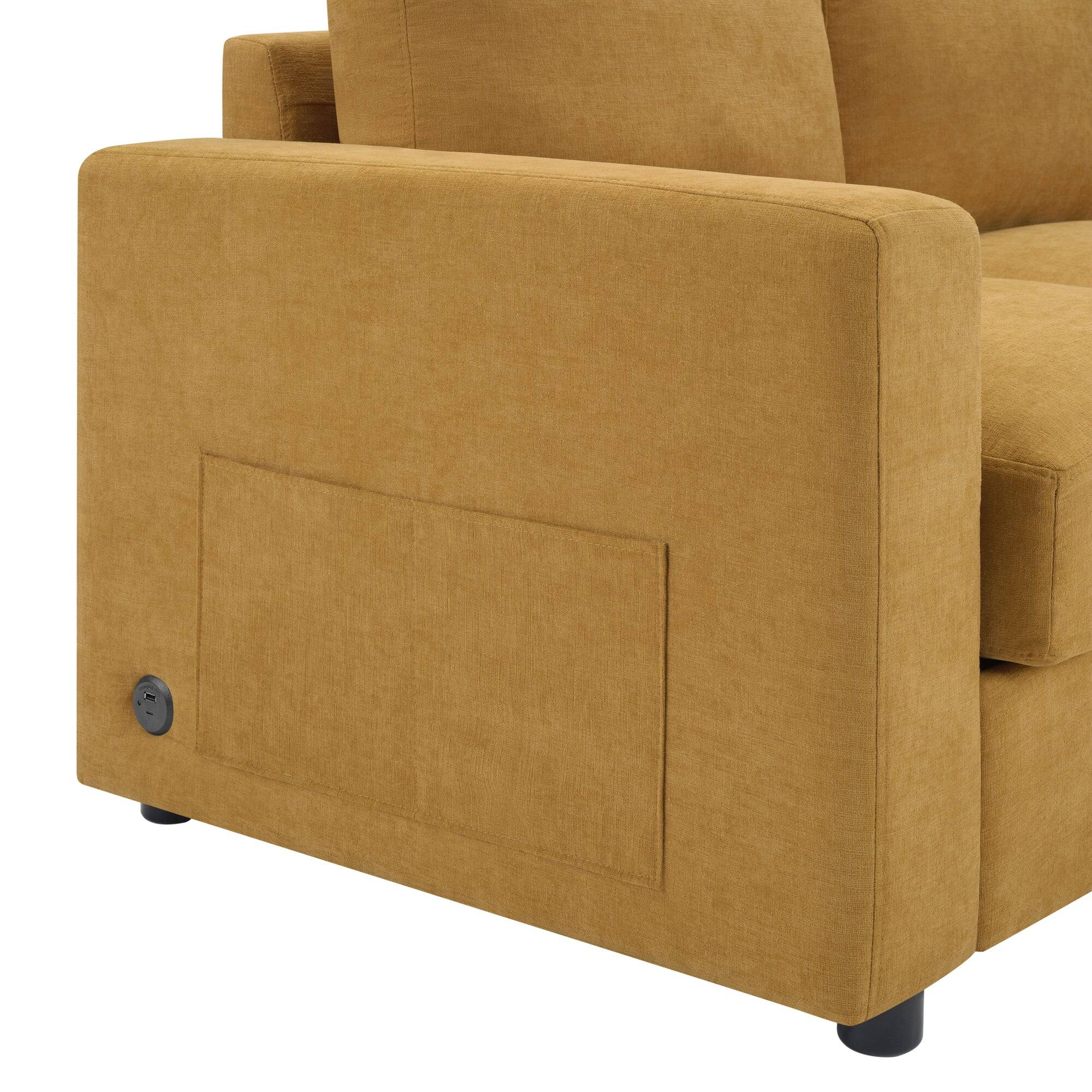 Alt View 5. Boyel Living - Modern 84.6 inch Sectional L-shaped Sofa Couch with Curved Chaise Lounge USB Ports and Side Storage Pockets in Yellow - Yellow.