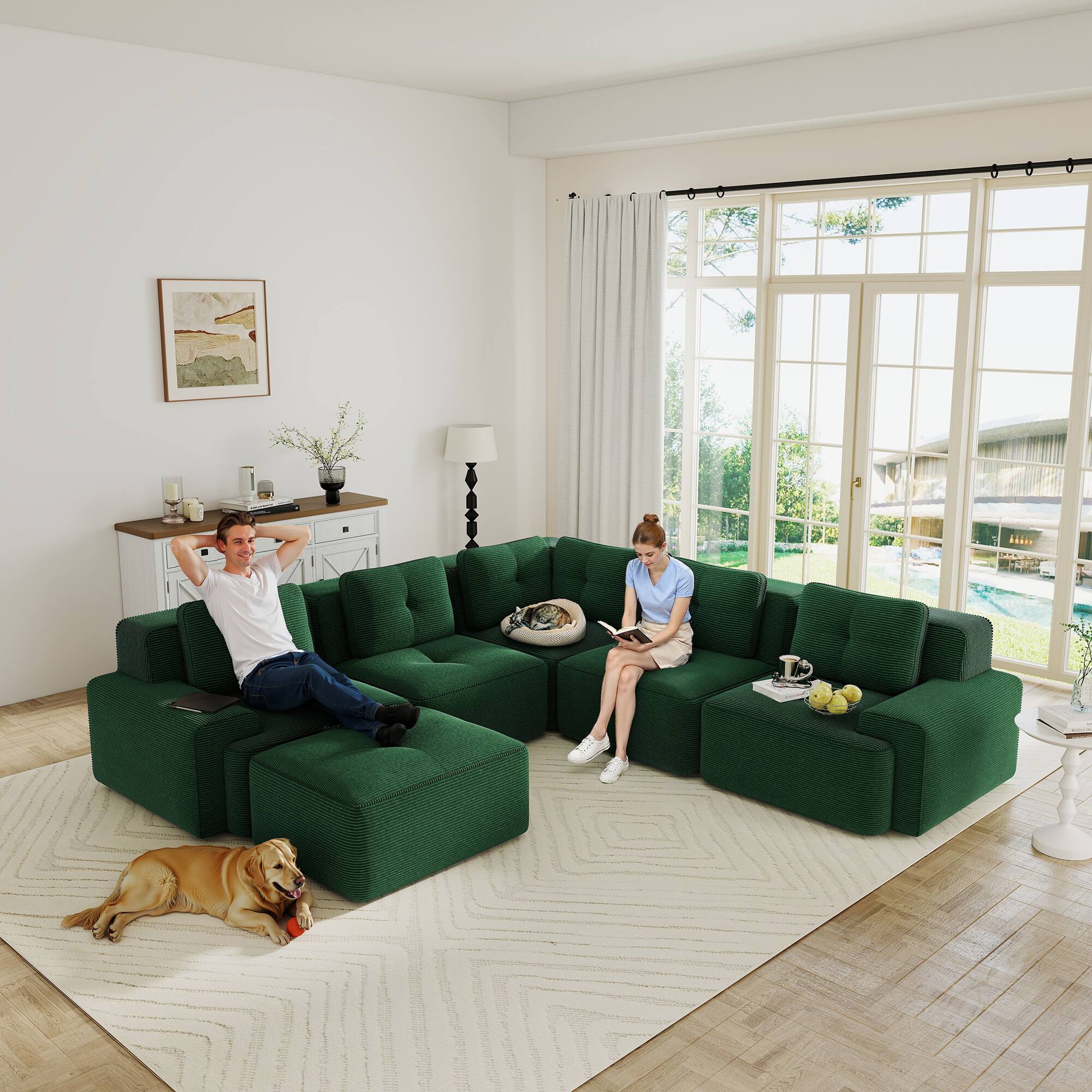 Alt View 1. Anysun - 82" L-Shape Corduroy Sectional Sofa with Ottoman - 2-Seat Deep-Seat Couch, Pearl Piping, Tufted, No Assembly - Green.