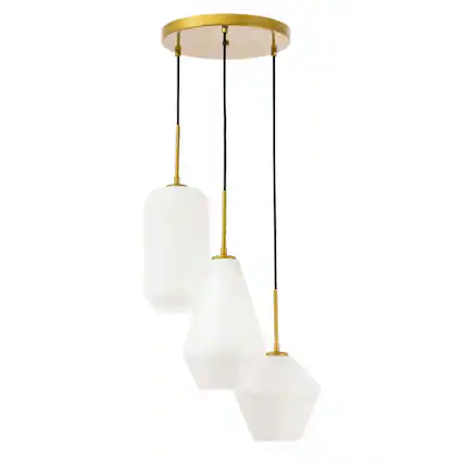 Front. Living District - Gene 3 light Brass and Frosted white glass pendant - Brass And Frosted White Glass.