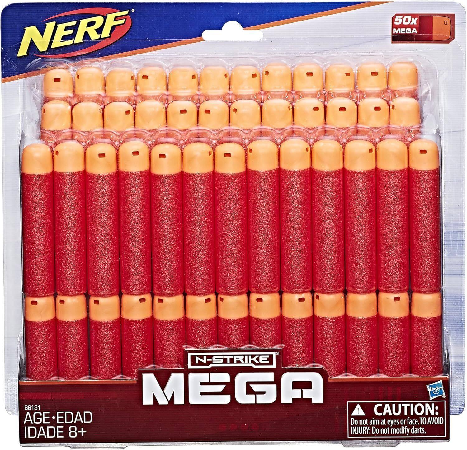 NERF  
N-STRIKE MEGA  
50x MEGA  

B6131  

AGE - EDAD  
IDADE 8+  

CAUTION:  
Do not aim at eyes or face. TO AVOID INJURY: Do not modify darts.