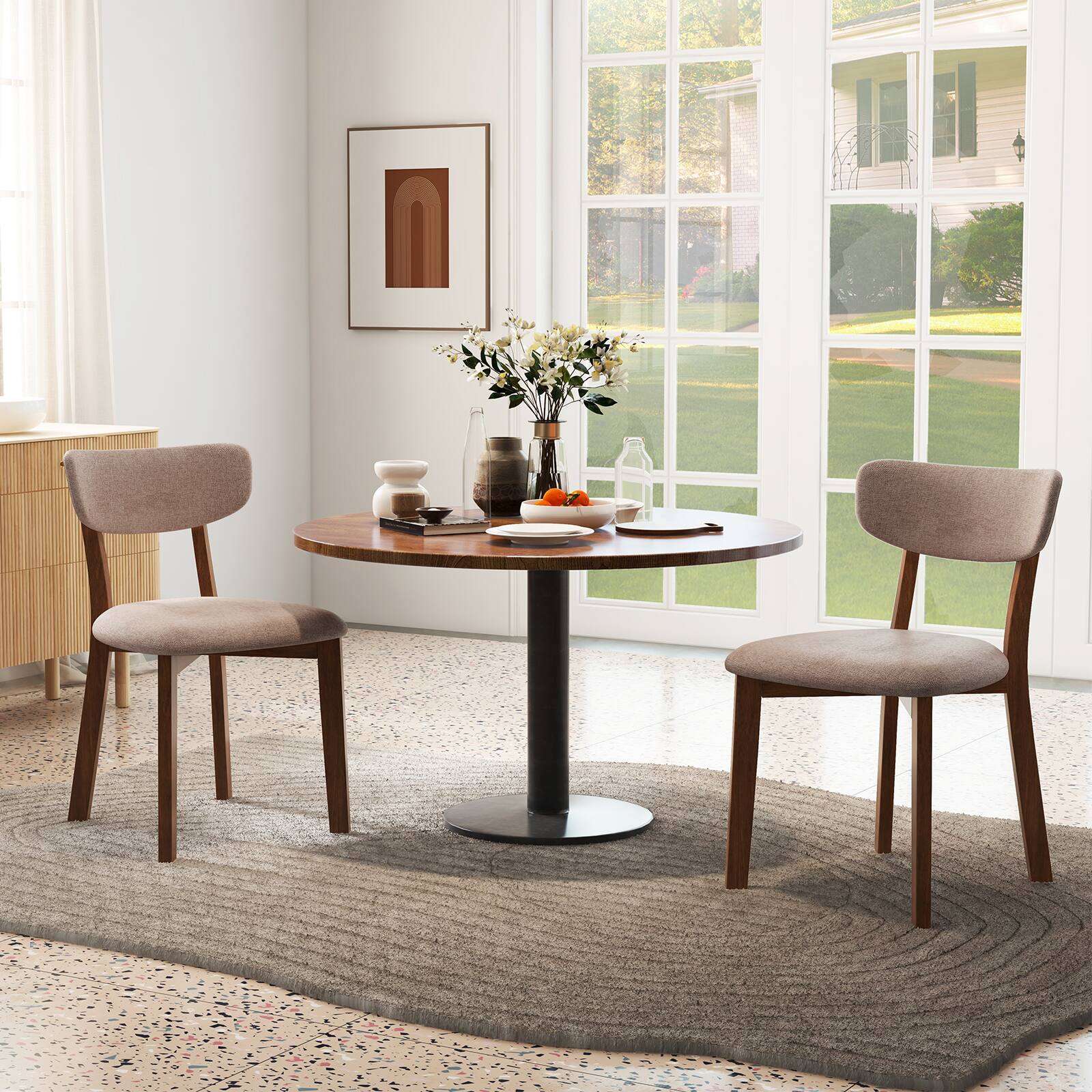 Alt View 1. Costway - Costway Upholstered Dining Chairs Set of 4 with Solid Rubber Wood Frame, Curved Backrest - Brown.