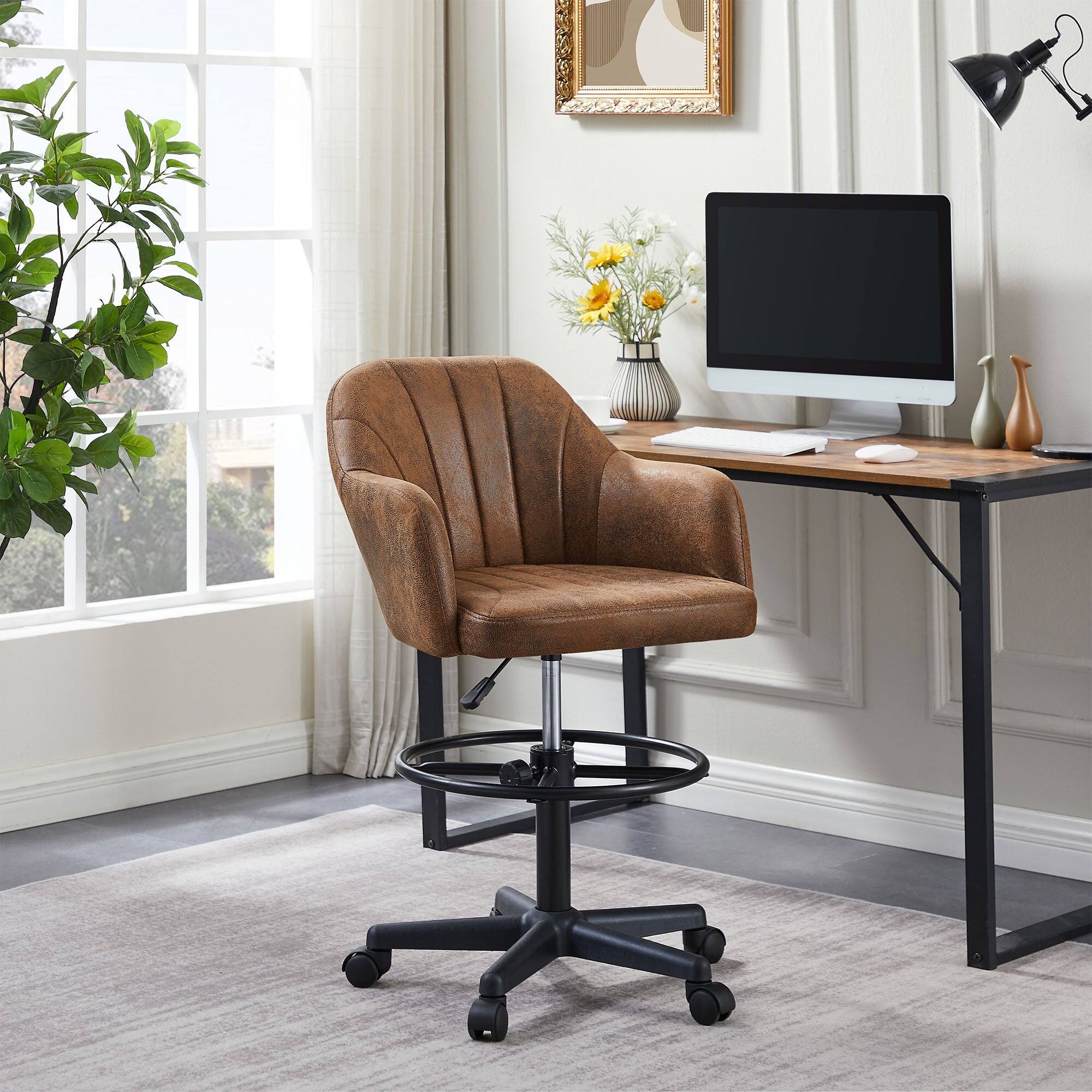 Angle. Vecelo - PU Leather Office Chair with Adjustable Height and Footrest - 330lb Capacity, 360° Swivel, Ergonomic Computer Desk Chair - Brwon.