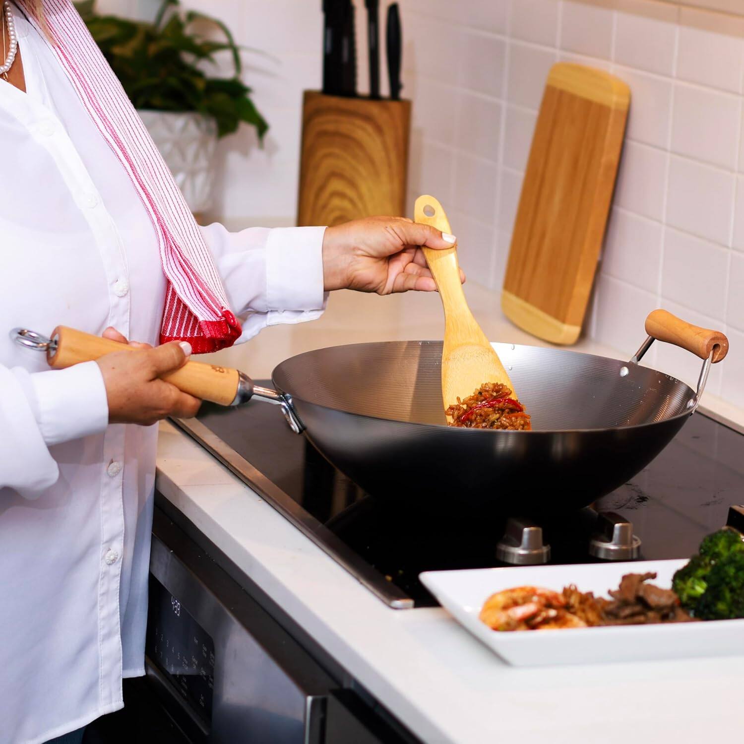 Alt View 8. Escali - Joyce Chen Classic Series 14-Inch Uncoated Carbon Steel Flat Bottom Wok with Birch Handles - Silver.