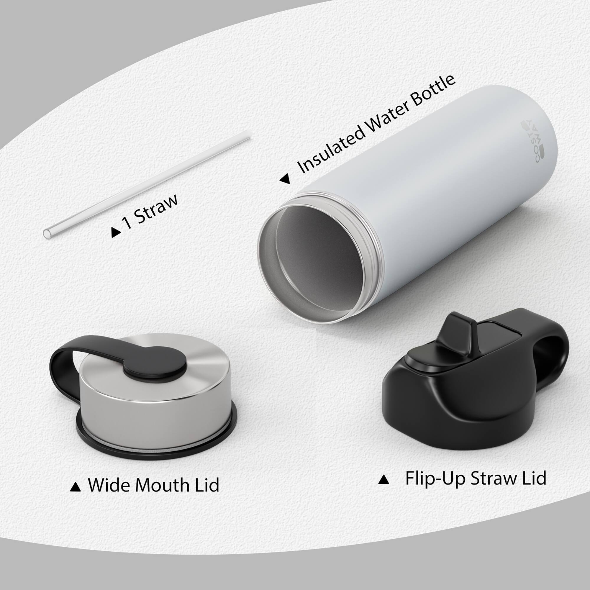 1 Straw Bottle Water Insulated 0.38 Wide Mouth Lid Flip-Up Straw Lid