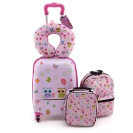 Costway - 5 PCS Kids Luggage Set with Backpack Neck Pillow Luggage Tag Lunch Bag Wheels - Light Pink