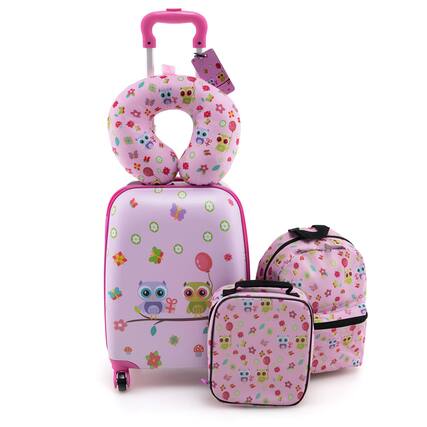 Front. Costway - 5 PCS Kids Luggage Set with Backpack Neck Pillow Luggage Tag Lunch Bag Wheels - Light Pink.