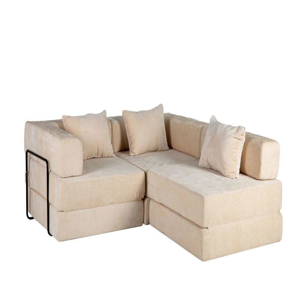 Alt View 5. Kadyn - Boneless Sectional Sofa Bed, Convertible Floor Lounger with Fixed Frame in Soft Chenille Fabric, Beige - Beige.